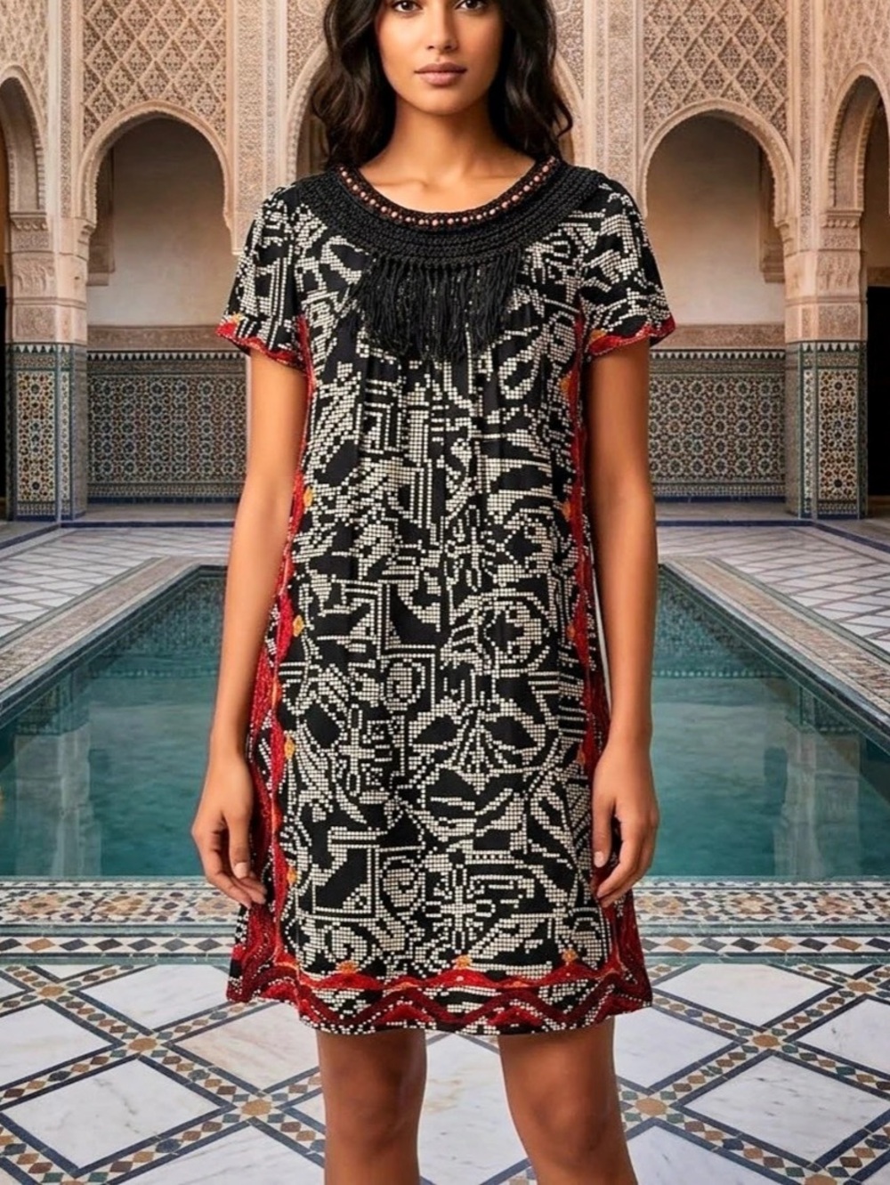 Anthropologie Abelia Floreat Geometric Mini Dress in Black & Red size small